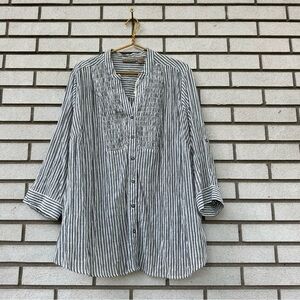 Art and Soul Woman 3X Black White Stripe Smocked Cotton Tunic Top Blouse NWT